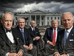 A photo-realistic depiction of the worst U.S. presidents in history, featuring a dark storm over the White House, with images of James Buchanan, Andrew Johnson, Donald Trump, and Joe Biden symbolizing historical controversies, presidential failures, and political turmoil.