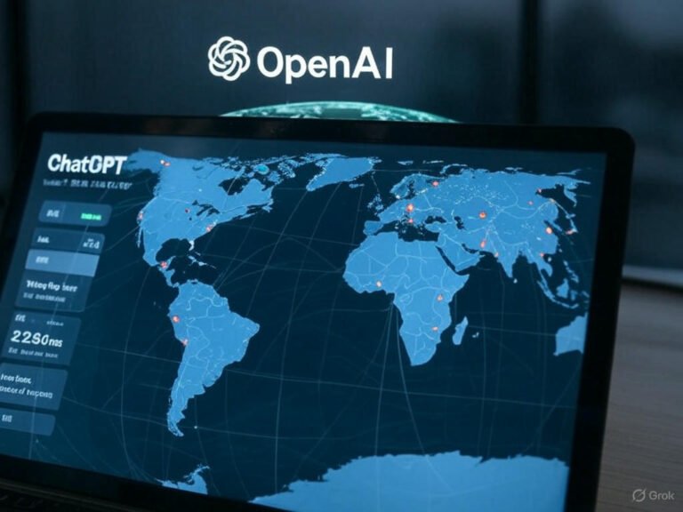 Photo-realistic dashboard showing ChatGPT status today, March 17, 2025, with 'UP' indicator, real-time ChatGPT availability, and minor outage status in US, Canada, India. Check ChatGPT downtime and OpenAI ChatGPT status with server ping times
