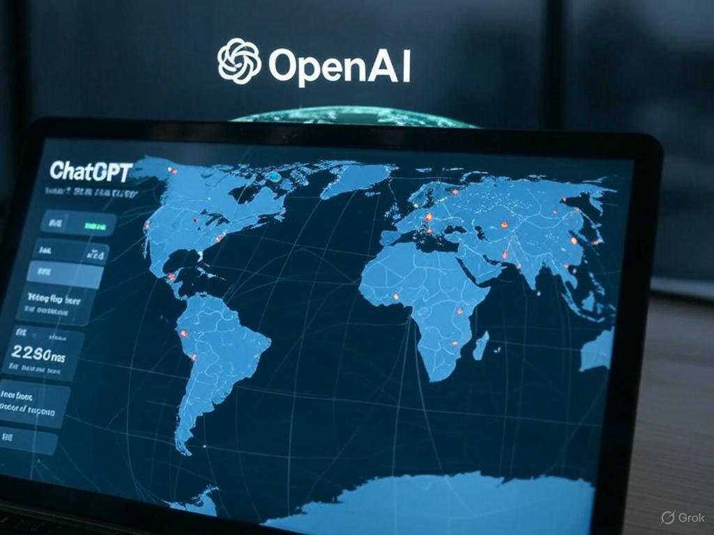 Photo-realistic dashboard showing ChatGPT status today, March 17, 2025, with 'UP' indicator, real-time ChatGPT availability, and minor outage status in US, Canada, India. Check ChatGPT downtime and OpenAI ChatGPT status with server ping times