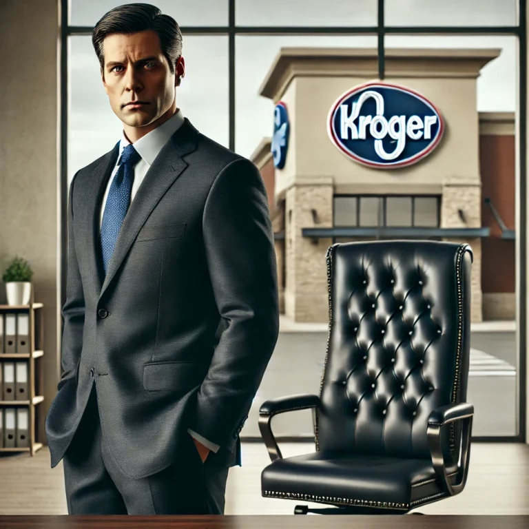 Corporate leadership transition at Kroger, featuring Rodney McMullen in a professional office setting with a Kroger store in the background. The empty CEO chair symbolizes McMullen’s resignation and the shift in executive leadership.