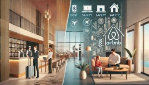 Airbnb vs. Hotels in 2025: A side-by-side comparison of a luxury hotel lobby and a cozy Airbnb home, showcasing cost differences, safety, and amenities for business and leisure travelers. Ideal for travelers deciding whether to book an Airbnb or hotel in 2025.