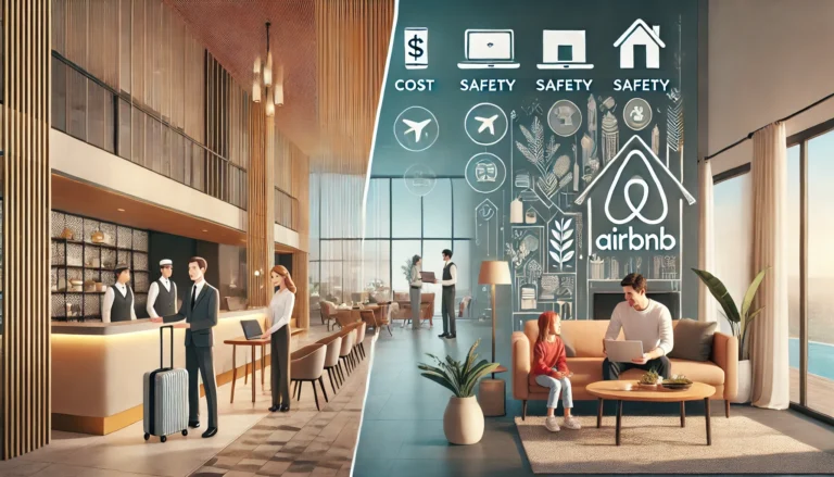 Airbnb vs. Hotels in 2025: A side-by-side comparison of a luxury hotel lobby and a cozy Airbnb home, showcasing cost differences, safety, and amenities for business and leisure travelers. Ideal for travelers deciding whether to book an Airbnb or hotel in 2025.