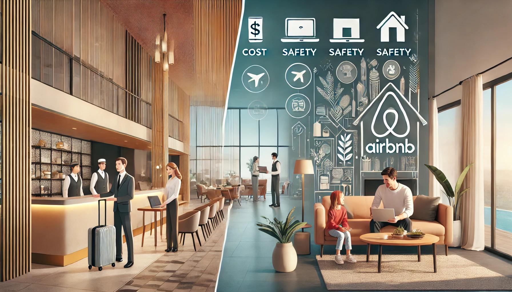 Airbnb vs. Hotels in 2025: A side-by-side comparison of a luxury hotel lobby and a cozy Airbnb home, showcasing cost differences, safety, and amenities for business and leisure travelers. Ideal for travelers deciding whether to book an Airbnb or hotel in 2025.