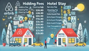 Comparison of hidden Airbnb fees vs. hotel pricing transparency in 2025, highlighting Airbnb service fees, cleaning fees, resort charges, and extra guest costs versus a hotel’s all-inclusive pricing model.