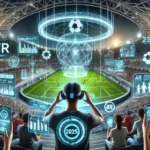 A futuristic sports stadium showcasing virtual reality (VR) and augmented reality (AR) fan experiences in 2025. Fans are using VR headsets for 360-degree live sports viewing while others interact with AR-enhanced stadium overlays, real-time player stats, and holographic displays.