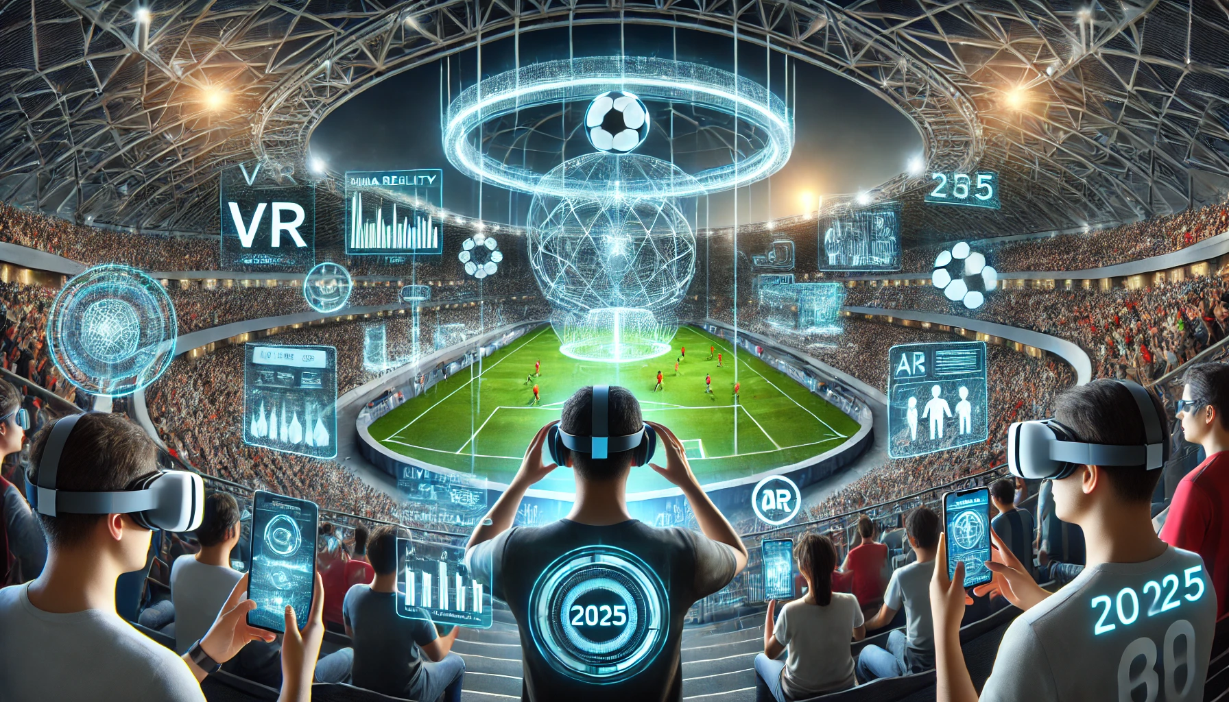 A futuristic sports stadium showcasing virtual reality (VR) and augmented reality (AR) fan experiences in 2025. Fans are using VR headsets for 360-degree live sports viewing while others interact with AR-enhanced stadium overlays, real-time player stats, and holographic displays.