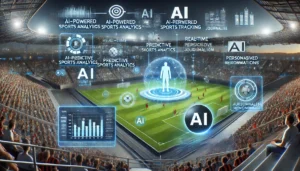 A futuristic sports stadium and digital content hub showcasing AI-driven sports analytics, real-time game performance tracking, and AI-powered content creation. One side features athlete performance analysis and predictive insights, while the other highlights automated sports highlights, AI journalism, and AI-generated content recommendations.