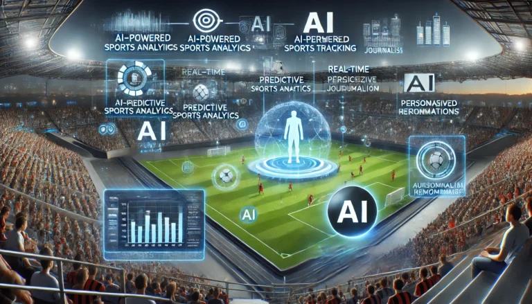 A futuristic sports stadium and digital content hub showcasing AI-driven sports analytics, real-time game performance tracking, and AI-powered content creation. One side features athlete performance analysis and predictive insights, while the other highlights automated sports highlights, AI journalism, and AI-generated content recommendations.