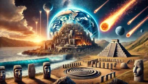 A composite image illustrating Graham Hancock’s lost civilization theory, featuring Göbekli Tepe, a digitally recreated lost Atlantis, a comet impact symbolizing the Younger Dryas event, and megalithic structures like Baalbek and Tiwanaku. The background represents ancient floods, cataclysms, and the buried history of early civilizations.