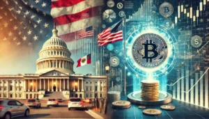 A composite image of Donald Trump delivering his March 4, 2025, address to Congress, featuring U.S. trade tariffs on Canada and Mexico, the proposed cryptocurrency strategic reserve, and financial market fluctuations. The image highlights Trump’s economic policies, regulatory impact on digital assets, and trade relations under USMCA.