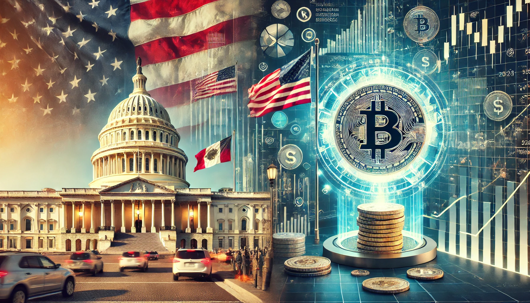 A composite image of Donald Trump delivering his March 4, 2025, address to Congress, featuring U.S. trade tariffs on Canada and Mexico, the proposed cryptocurrency strategic reserve, and financial market fluctuations. The image highlights Trump’s economic policies, regulatory impact on digital assets, and trade relations under USMCA.