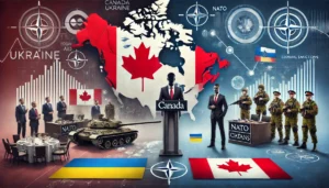 A political and geopolitical illustration of Pierre Poilievre’s stance on Ukraine and Canada’s foreign policy, featuring Poilievre at a podium, a divided map of Canada, Ukraine, and Russia, NATO commitments, military aid, and economic sanctions. The image highlights Canada’s role in the Russia-Ukraine conflict under Poilievre’s leadership.
