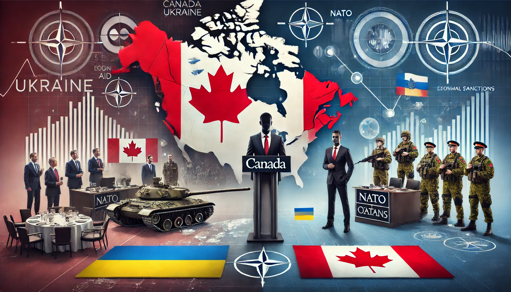 A political and geopolitical illustration of Pierre Poilievre’s stance on Ukraine and Canada’s foreign policy, featuring Poilievre at a podium, a divided map of Canada, Ukraine, and Russia, NATO commitments, military aid, and economic sanctions. The image highlights Canada’s role in the Russia-Ukraine conflict under Poilievre’s leadership.