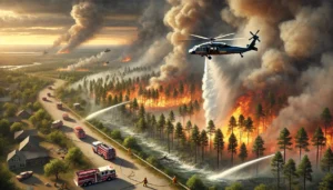 A high-impact image of the South Carolina wildfires (March 2025), featuring fire crews battling flames, helicopters performing water drops, and smoke-filled skies over Carolina Forest near Myrtle Beach. The image represents active wildfire containment efforts, emergency response, and the impact of wildfires in South Carolina.