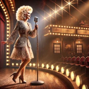 A glamorous blonde country singer performs on stage, wearing a sparkling embroidered outfit and singing into a vintage microphone. The warm golden stage lights and red velvet backdrop highlight her legendary presence, capturing the essence of country music history.