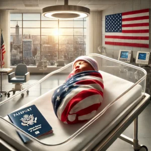 Newborn baby wrapped in an American flag, symbolizing birthright citizenship under the Fourteenth Amendment. A U.S. passport and birth certificate highlight automatic U.S. citizenship for babies born on U.S. soil. This image represents birth tourism, anchor baby debate, and legal challenges to U.S. citizenship laws.