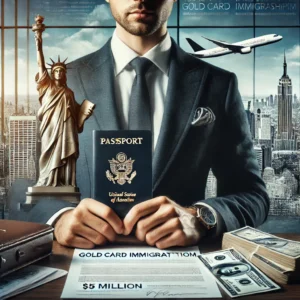 A high-net-worth individual reviewing documents for the U.S. Gold Card immigration program, holding a U.S. passport in a modern office with a city skyline view. The scene represents wealthy investors securing U.S. green cards through the $5 million residency-by-investment program, part of Trump’s immigration policy changes in 2025.