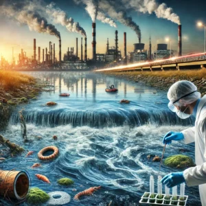 Polluted waterway near a city with visible industrial discharge, environmental advocates testing water samples for contamination, and a skyline with smokestacks emitting pollution, highlighting Clean Water Act regulatory concerns, EPA sewage permit changes, and public health risks.