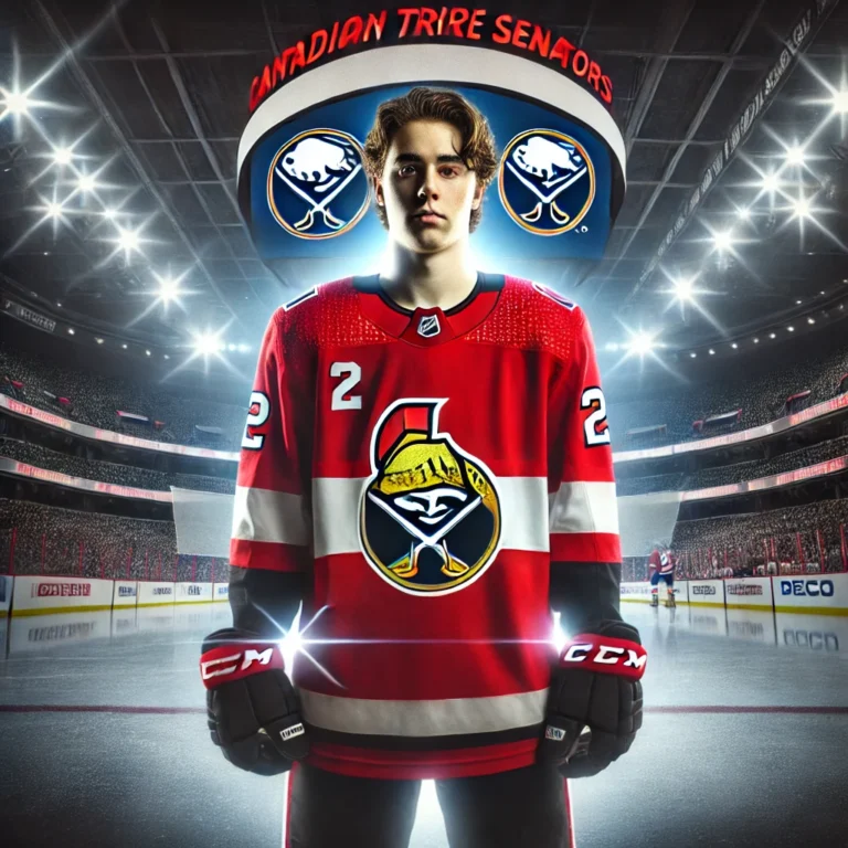 Dylan Cozens in an Ottawa Senators jersey after being traded from the Buffalo Sabres in a major NHL trade deadline deal on March 7, 2025. The image highlights the blockbuster trade involving Josh Norris and Jacob Bernard-Docker, which impacts the Eastern Conference playoff race and NHL trade landscape.