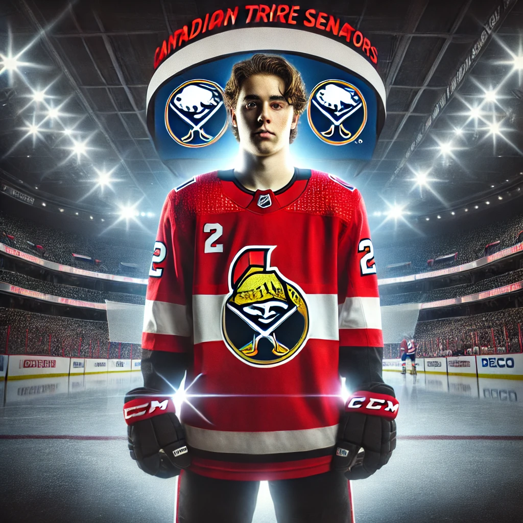 Dylan Cozens in an Ottawa Senators jersey after being traded from the Buffalo Sabres in a major NHL trade deadline deal on March 7, 2025. The image highlights the blockbuster trade involving Josh Norris and Jacob Bernard-Docker, which impacts the Eastern Conference playoff race and NHL trade landscape.