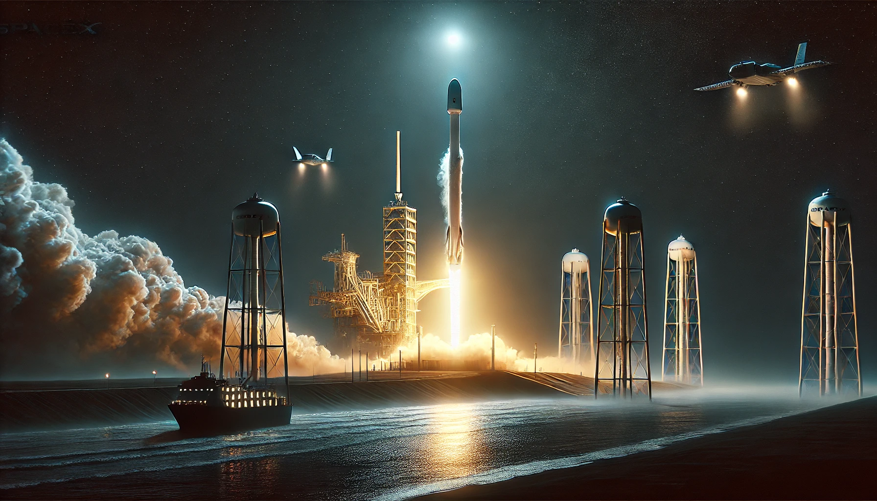 High-resolution SpaceX Falcon 9 rocket launch at night with glowing exhaust plume, reusable booster landing on a drone ship, and SpaceX Starship prototype standing at the launchpad. Capturing SpaceX's reusable rocket technology, interplanetary spaceflight advancements, and next-generation Mars exploration.