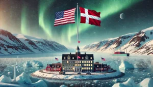 Greenland's Arctic landscape with icebergs, Nuuk’s government building, and the U.S. and Danish flags under the northern lights, symbolizing U.S. efforts to purchase Greenland, the geopolitical tensions between Denmark and the U.S., and the strategic importance of Greenland in 2025.