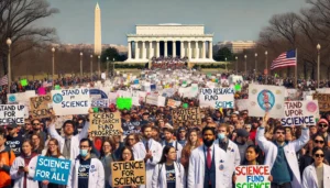 A large group of scientists, researchers, and students protesting in front of the Lincoln Memorial in Washington, D.C., during the Stand Up for Science protest on March 7, 2025. Protesters hold signs advocating for increased science funding, evidence-based policymaking, and diversity in STEM. The crowd includes scientists in lab coats, graduate students, and activists, demonstrating against federal research budget cuts and the politicization of science.