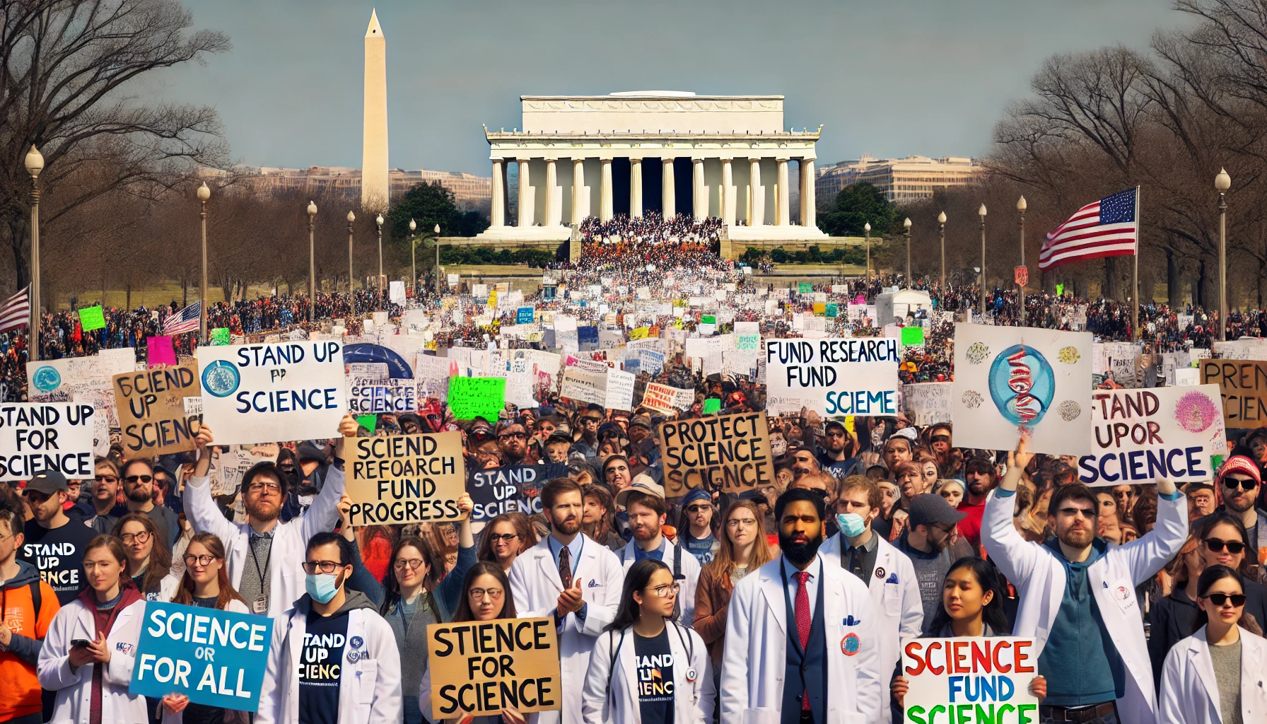 A large group of scientists, researchers, and students protesting in front of the Lincoln Memorial in Washington, D.C., during the Stand Up for Science protest on March 7, 2025. Protesters hold signs advocating for increased science funding, evidence-based policymaking, and diversity in STEM. The crowd includes scientists in lab coats, graduate students, and activists, demonstrating against federal research budget cuts and the politicization of science.