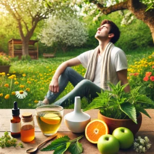 A person enjoying the outdoors during allergy season, surrounded by flowers and trees, drinking herbal tea with honey and lemon. A neti pot, apple cider vinegar, and natural antihistamines like quercetin-rich fruits and stinging nettle leaves are displayed on a wooden table, symbolizing effective home remedies for seasonal allergies.