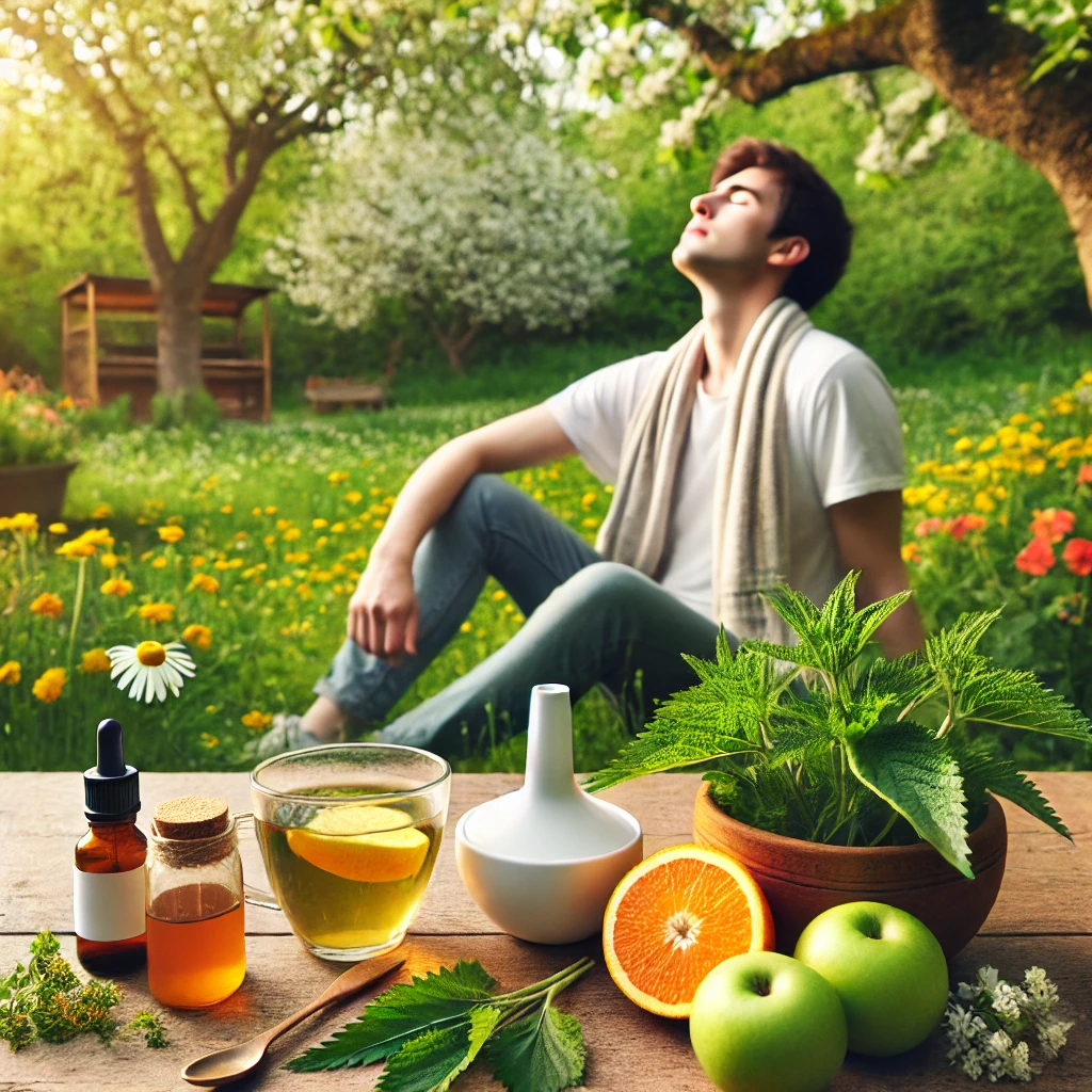 A person enjoying the outdoors during allergy season, surrounded by flowers and trees, drinking herbal tea with honey and lemon. A neti pot, apple cider vinegar, and natural antihistamines like quercetin-rich fruits and stinging nettle leaves are displayed on a wooden table, symbolizing effective home remedies for seasonal allergies.