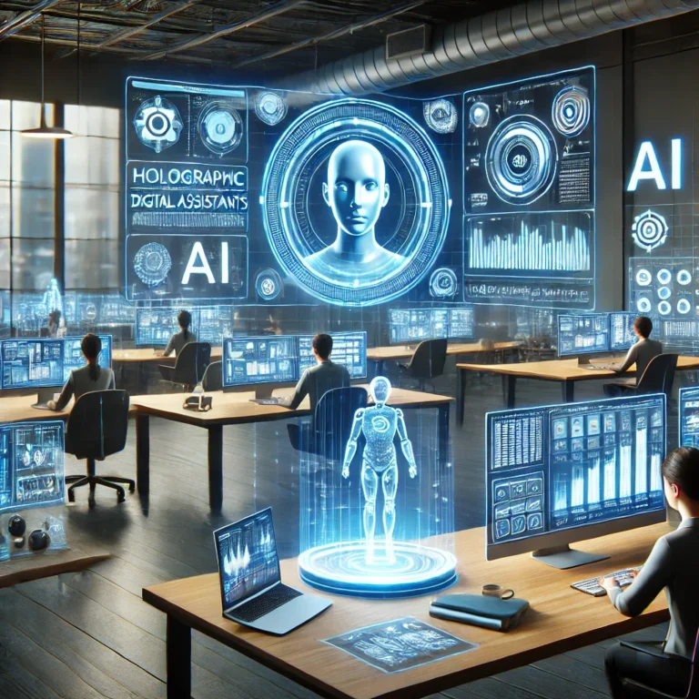 AI-powered productivity tools in action: A professional workspace with AI virtual assistants automating scheduling, email management, and data analysis, optimizing workflow efficiency for maximum productivity.