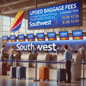 Southwest Airlines baggage policy update 2025 featuring new checked baggage fees at an airport check-in counter. Passengers checking luggage with Southwest Airlines under the updated baggage fee system, reflecting the airline industry’s shift toward paid baggage policies.
