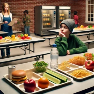 Empty school cafeteria trays with limited food options due to USDA budget cuts on local food purchasing programs, impacting school meal funding and food banks across the U.S.