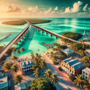 A stunning aerial view of the Florida Keys, featuring the Seven Mile Bridge, turquoise waters, and historic Key West landmarks—a visual journey through the rich history of the Florida Keys, from Native American settlements and Spanish explorers to the Overseas Highway and modern tourism industry.