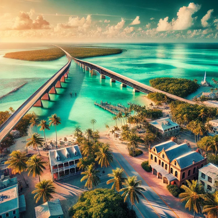 A stunning aerial view of the Florida Keys, featuring the Seven Mile Bridge, turquoise waters, and historic Key West landmarks—a visual journey through the rich history of the Florida Keys, from Native American settlements and Spanish explorers to the Overseas Highway and modern tourism industry.