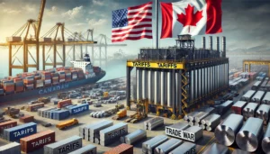 A steel and aluminum manufacturing plant with American and Canadian flags in the background, symbolizing Trump's 2025 tariff increase on Canadian imports. Shipping containers labeled "Tariffs" reflect US-Canada trade tensions and economic impact.