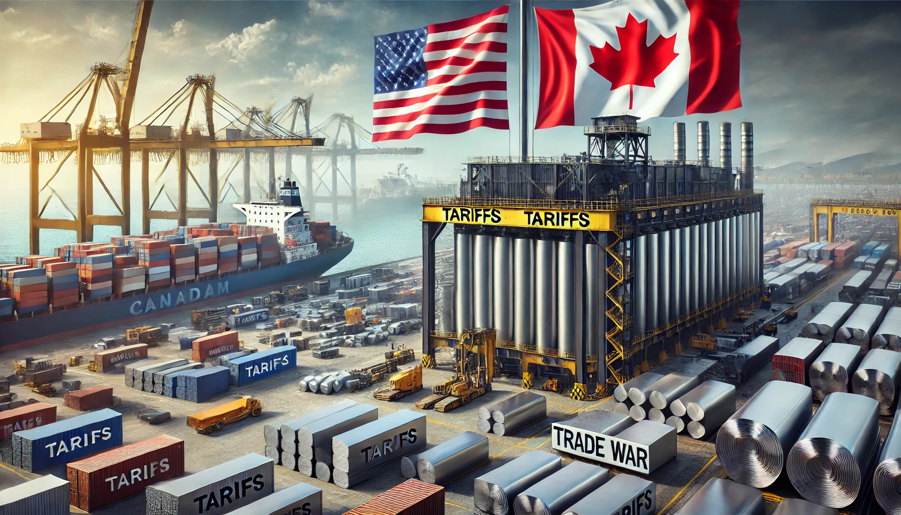 A steel and aluminum manufacturing plant with American and Canadian flags in the background, symbolizing Trump's 2025 tariff increase on Canadian imports. Shipping containers labeled "Tariffs" reflect US-Canada trade tensions and economic impact.