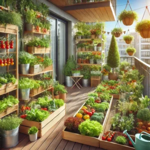 A thriving small-space vegetable garden with raised beds, container plants, vertical planters, and hanging baskets, showcasing fresh vegetables like tomatoes, peppers, lettuce, and herbs on a balcony. Urban gardening techniques for growing vegetables in limited spaces.