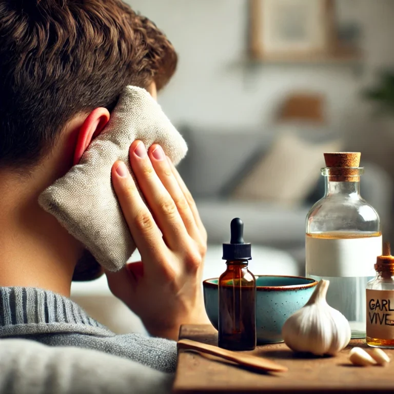 Person applying a warm compress for ear pain relief, with hydrogen peroxide and natural ear infection remedies like garlic oil, apple cider vinegar, and tea tree oil on a table.