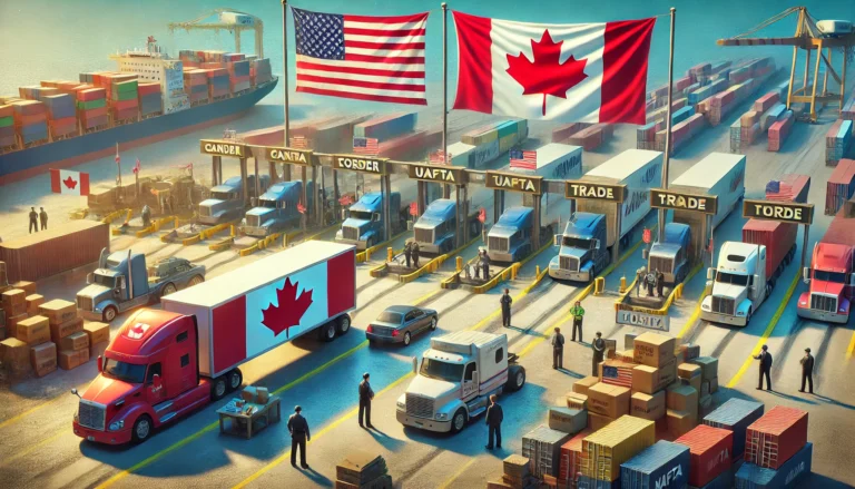 Canada-U.S. trade tariffs checkpoint featuring trucks, customs officials, and border inspection, symbolizing the history of Canadian tariffs on U.S. goods, NAFTA, USMCA, and retaliatory tariffs in 2025.
