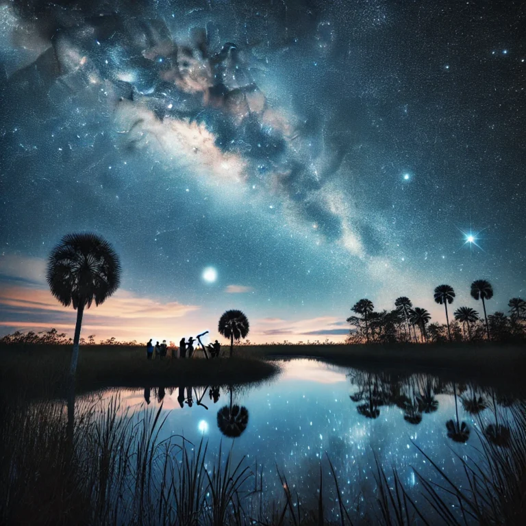 Stunning view of the Milky Way over Everglades National Park, one of the best places for stargazing in South Florida, with dark skies and minimal light pollution. Stargazers with telescopes enjoy clear night sky viewing near reflective water, showcasing an ideal location for celestial observation in Florida’s dark sky parks.
