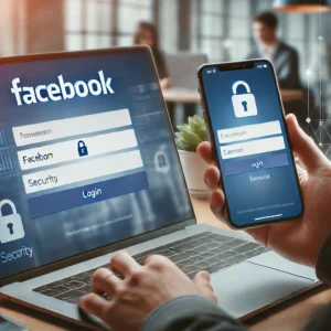 A user logging into Facebook on a laptop and smartphone, displaying the Facebook login screen, emphasizing how to sign in to Facebook, fix login errors, recover a forgotten password, and enable two-factor authentication.