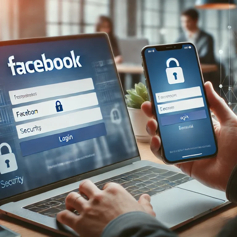 A user logging into Facebook on a laptop and smartphone, displaying the Facebook login screen, emphasizing how to sign in to Facebook, fix login errors, recover a forgotten password, and enable two-factor authentication.