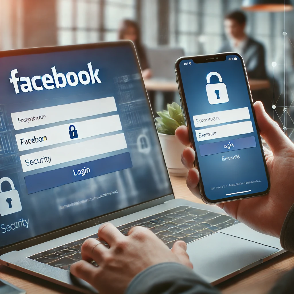 A user logging into Facebook on a laptop and smartphone, displaying the Facebook login screen, emphasizing how to sign in to Facebook, fix login errors, recover a forgotten password, and enable two-factor authentication.