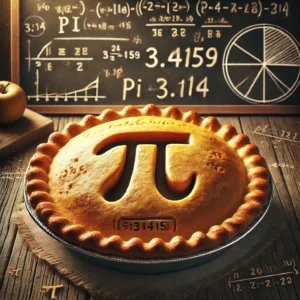 Golden-brown pie with the π symbol carved into the crust, surrounded by Pi Day 2025 decorations, mathematical equations, and the first digits of pi (3.14159). A chalkboard in the background displays 'Pi Day 3.14', celebrating the mathematical holiday with fun and educational elements.