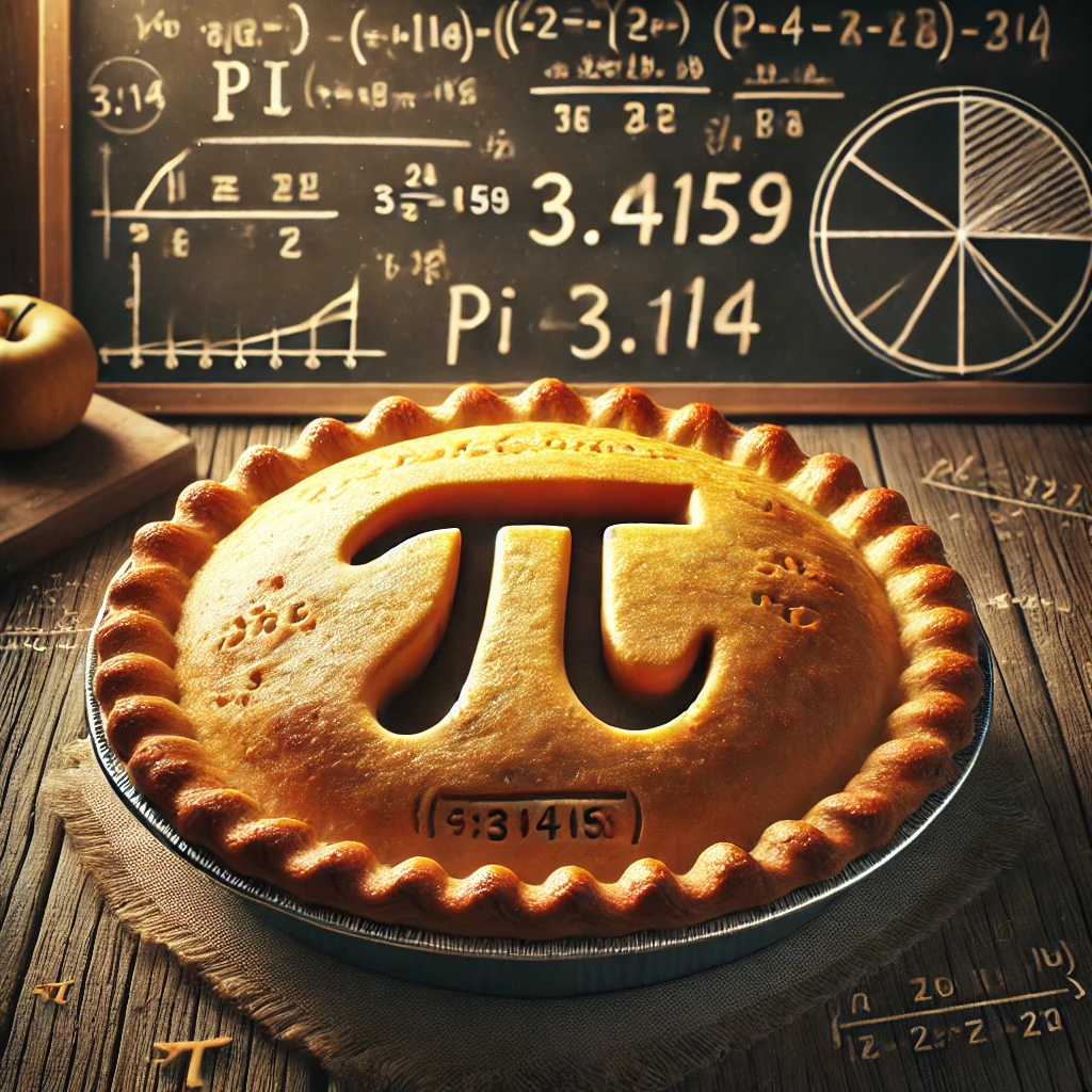 Golden-brown pie with the π symbol carved into the crust, surrounded by Pi Day 2025 decorations, mathematical equations, and the first digits of pi (3.14159). A chalkboard in the background displays 'Pi Day 3.14', celebrating the mathematical holiday with fun and educational elements.