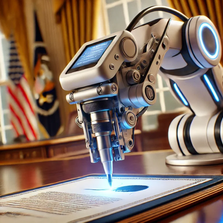 Photorealistic image of an autopen machine signing a government document, showing mechanical signature replication in action. The image highlights the autopen signature process, autopen machine use in government, and its role in official document authentication.