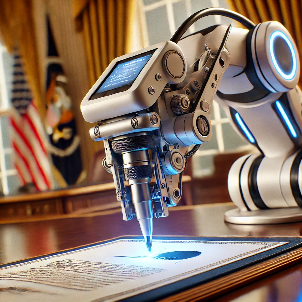 Photorealistic image of an autopen machine signing a government document, showing mechanical signature replication in action. The image highlights the autopen signature process, autopen machine use in government, and its role in official document authentication.