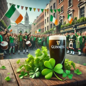 Saint Patrick’s Day parade in Dublin with crowds wearing green, traditional Irish music, and a historic Irish cityscape. Features a close-up of a shamrock and Guinness, celebrating the history of Saint Patrick’s Day, its origins, and modern Irish traditions.