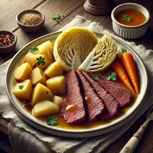 Perfectly cooked corned beef and cabbage recipe, featuring tender slow-cooked brisket, steamed cabbage wedges, potatoes, and carrots, plated with traditional Irish flavors.